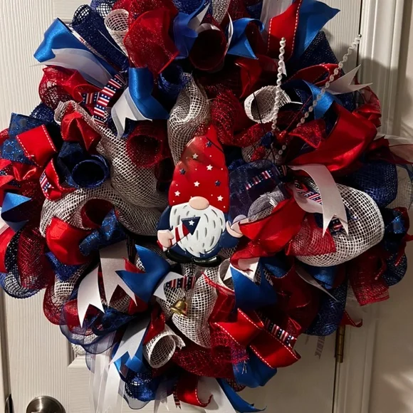 Handmade, Red, White & Blue Gnome Wreath, fourth of July